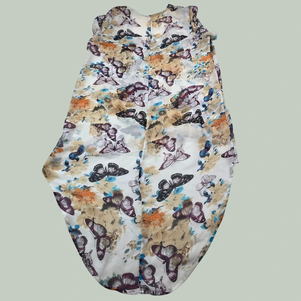Butterfly Floral Sheer Kimono Duster Swimsuit Cover Up High Low Hem Medium